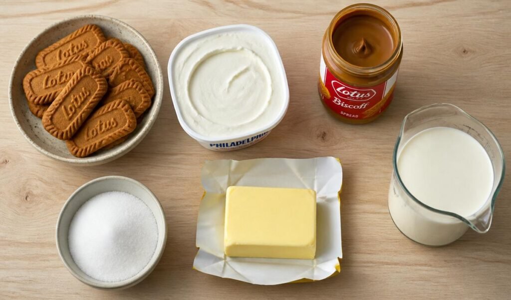 Ingredients for Creamy No-Bake Lotus Biscoff Cheesecake
