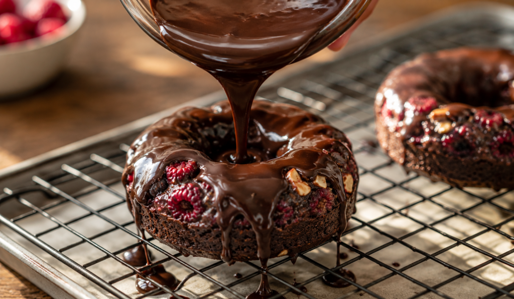 poring choclate on dark donuts