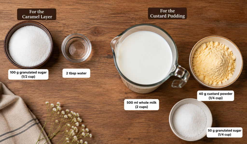 ingredients of
caramel pudding 